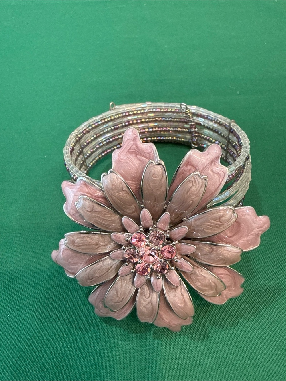 Multi strand Pink Cuff Bracelet W/Large Pink Enamel Flower RhinestoneCenter 120D